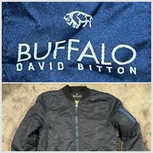 Men LG Buffalo David Bitton Blue Bomber Jacket Zip Elastic Ribbed Waist & Sleeve